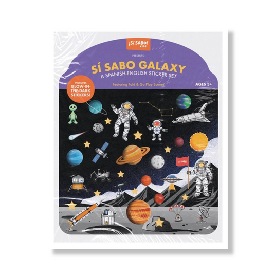 Cover for Sí Sabo Galaxy: A Bilingual Reusable Sticker Play Set Sí Sabo Galaxy: A Bilingual Reusable Sticker Play Set:  Learn Spanish-English Language Skills with 30+ Glow-in-the-Dark Stickers and 2 Fold-Out Play & Go Scenes