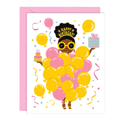 Lucy Loves Paper - Balloon Party Girl Birthday Card | Black Girl (A2)
