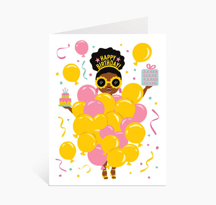 Lucy Loves Paper - Balloon Party Girl Birthday Card | Black Girl (A2)