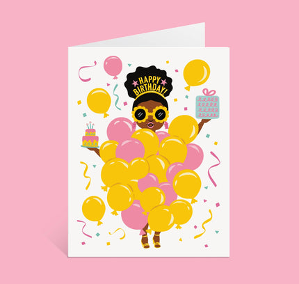Lucy Loves Paper - Balloon Party Girl Birthday Card | Black Girl (A2)