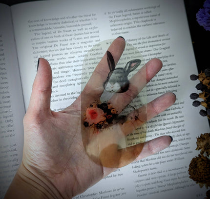 Dark Veinlet - Clear Bookmark - Vintage Rabbit Holding Flowers Illustration