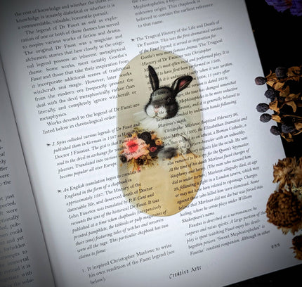 Dark Veinlet - Clear Bookmark - Vintage Rabbit Holding Flowers Illustration