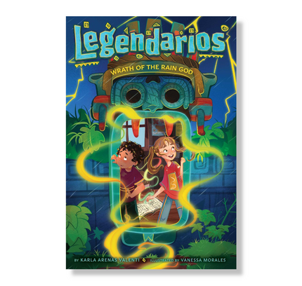 Book cover of 'Legendarios #1: Wrath of the Rain God' featuring illustrations of two children and a rain god, with a background suggesting a legendary setting.