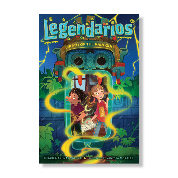 Book cover of 'Legendarios #1: Wrath of the Rain God' featuring illustrations of two children and a rain god, with a background suggesting a legendary setting.