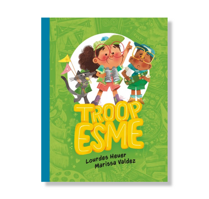 Cover of the book 'Tro Tro Esme' featuring illustrated characters, a girl in the center with a green background, depicting a playful scene with a title in large yellow letters.