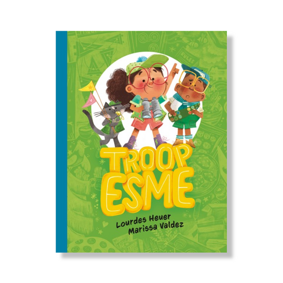 Cover of the book 'Tro Tro Esme' featuring illustrated characters, a girl in the center with a green background, depicting a playful scene with a title in large yellow letters.