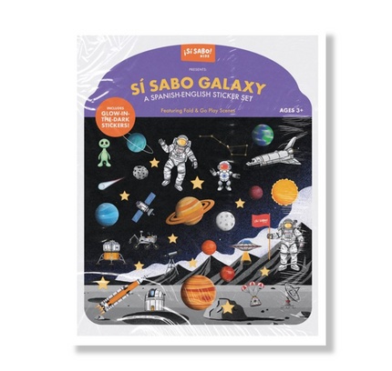 Cover for Sí Sabo Galaxy: A Bilingual Reusable Sticker Play Set Sí Sabo Galaxy: A Bilingual Reusable Sticker Play Set:  Learn Spanish-English Language Skills with 30+ Glow-in-the-Dark Stickers and 2 Fold-Out Play & Go Scenes